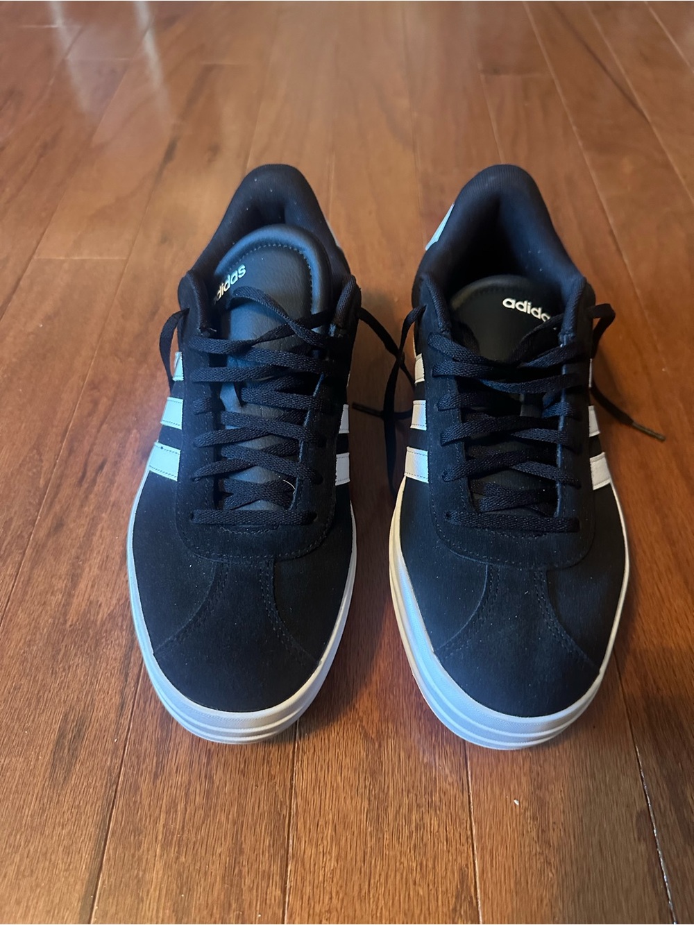 adidas Black Sneakers with White Stripes - worn once - Women’s size 11
